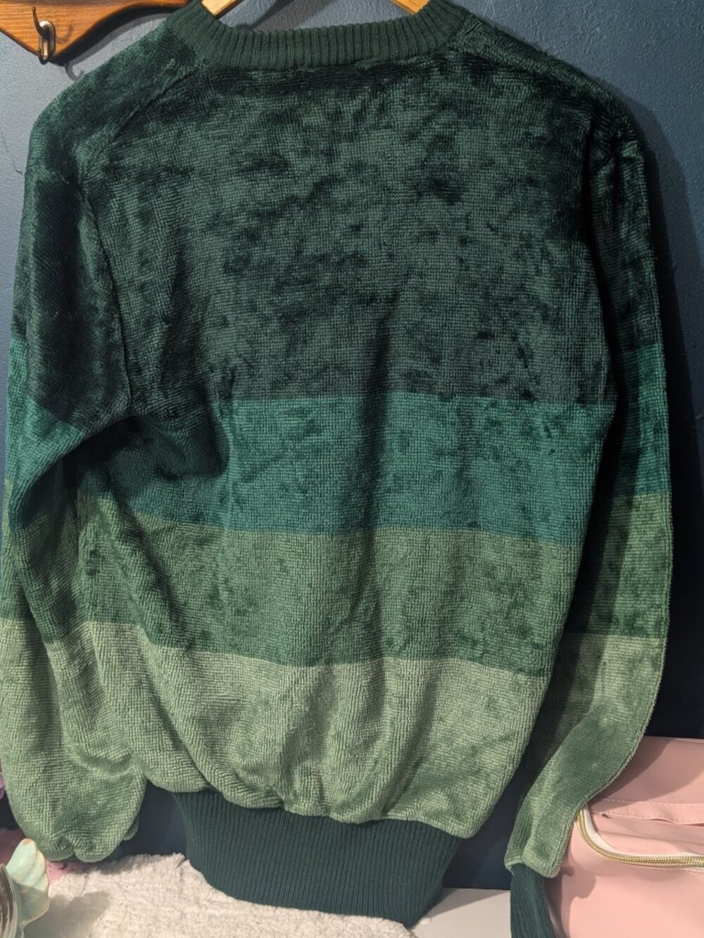 Vintage Gino Paoli Green Striped Chenille Knit Sweater V-Neck Large - Picture 6 of 6